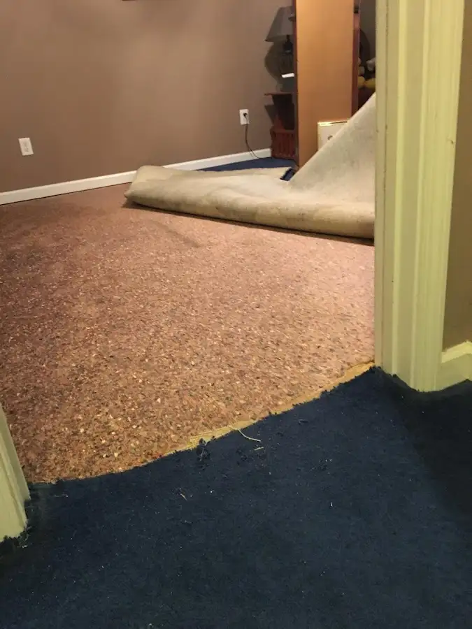 Carpet pad removal revealing water damage during Water Mitigation Services in Laketon